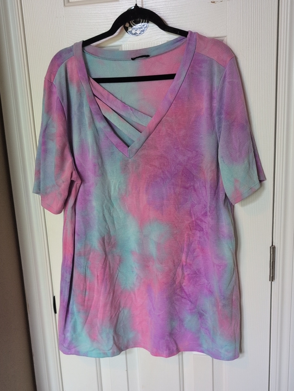 Pastel Tie-Dye V-Neck Crisscross Short Sleeve Top - Multicolor